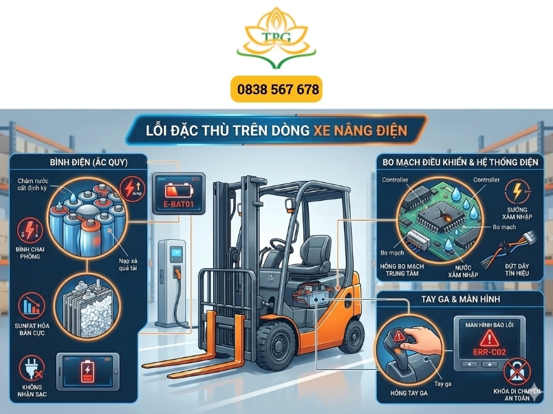 Những lỗi thường gặp nhất trên xe nâng: Nguyên nhân chi tiết và cách khắc phục 4 loi dac thu tren dong xe nang dien