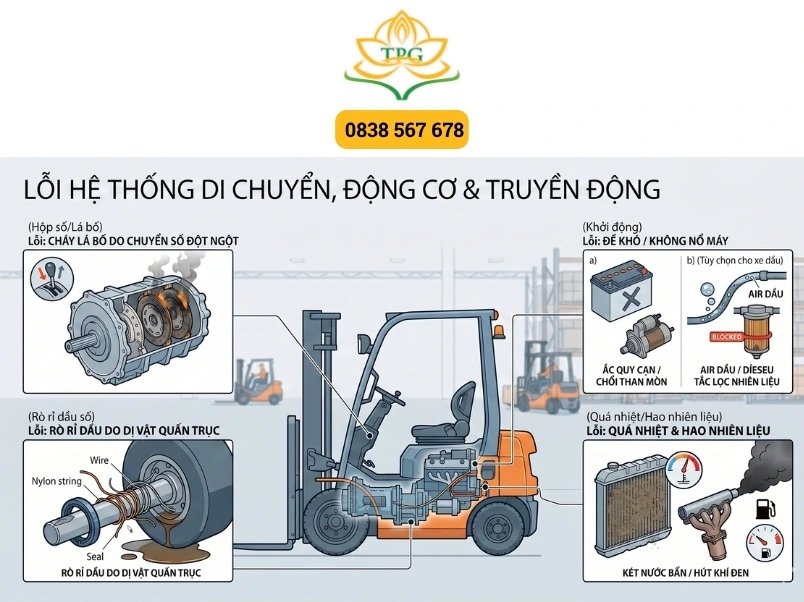 Những lỗi thường gặp nhất trên xe nâng: Nguyên nhân chi tiết và cách khắc phục 1 loi he thong di chuyen, dong co va truyen dong tren xe nang hang