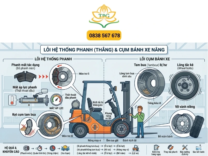Những lỗi thường gặp nhất trên xe nâng: Nguyên nhân chi tiết và cách khắc phục 3 loi he thong phanh va cum banh xe nang