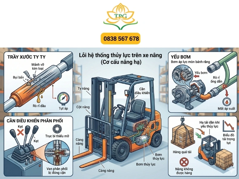 Những lỗi thường gặp nhất trên xe nâng: Nguyên nhân chi tiết và cách khắc phục 2 loi he thong thuy luc tren xe nang