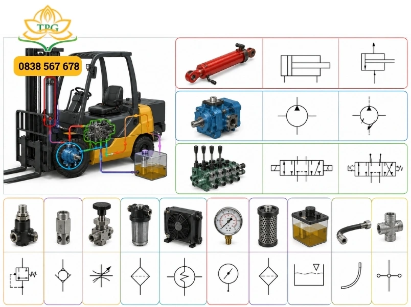 Sơ đồ hệ thống thủy lực xe nâng, cấu tạo và nguyên lý hoạt động chi tiết 3 chi tiet cac ky hieu linh kien trong so do he thong thuy luc xe nang